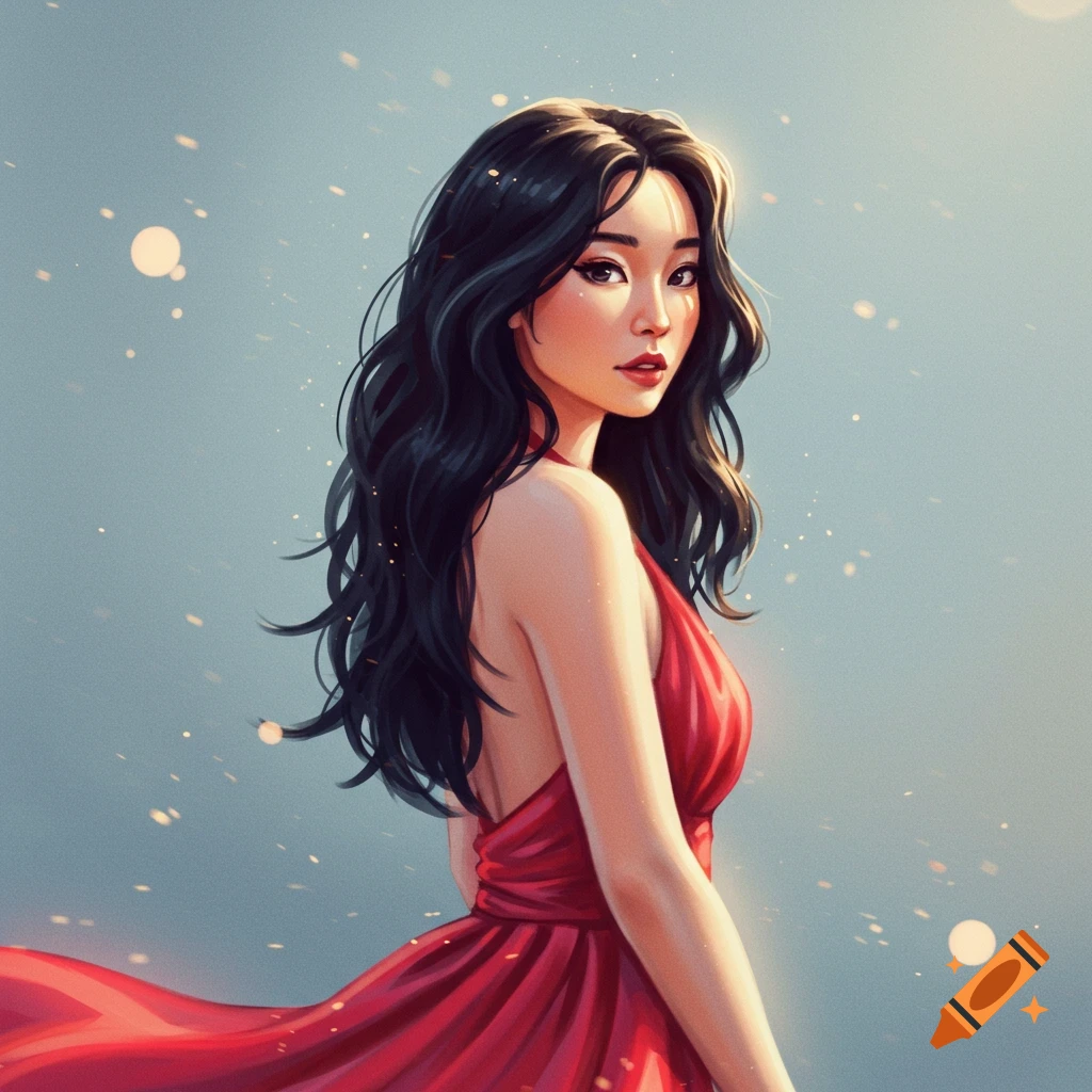 A woman in a red dress looking over her shoulder.