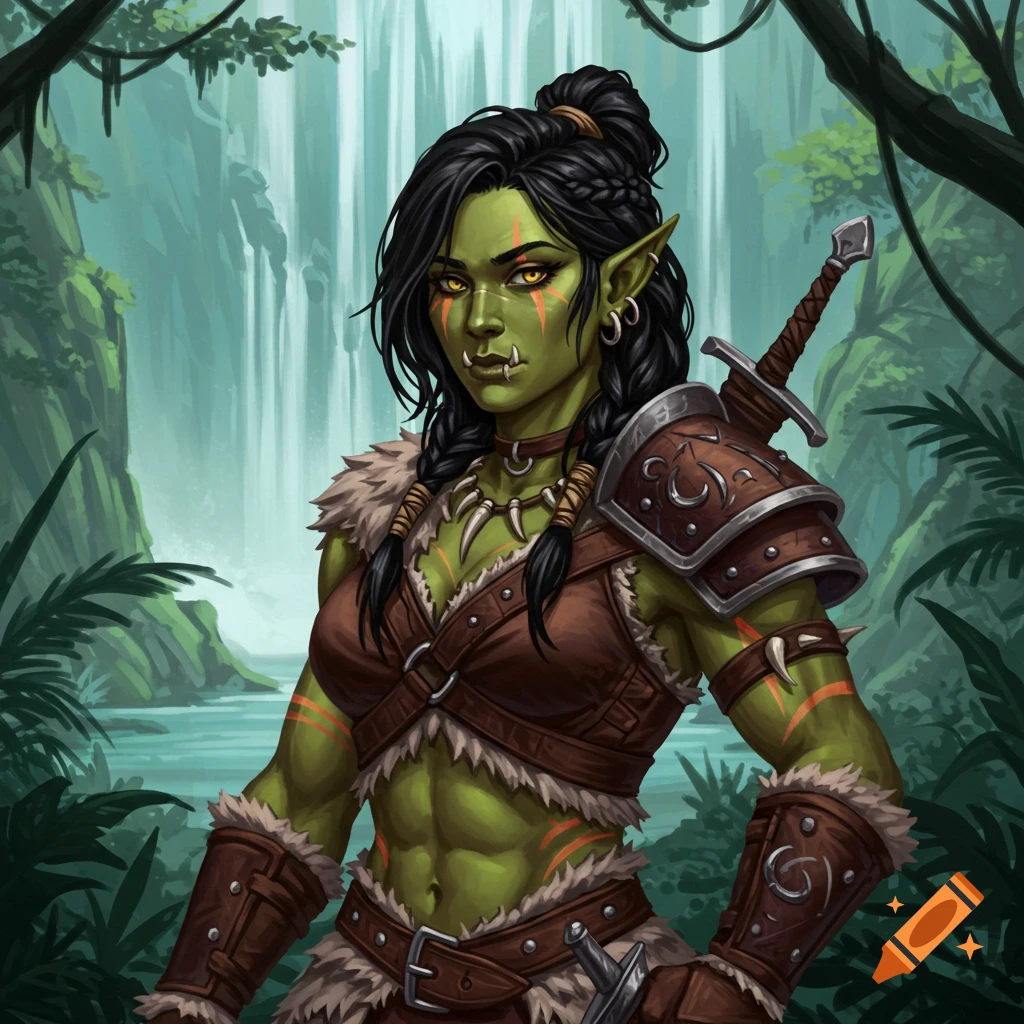 An image of a female orc barbarian in armor with a sword, standing in a lush jungle with a waterfall.