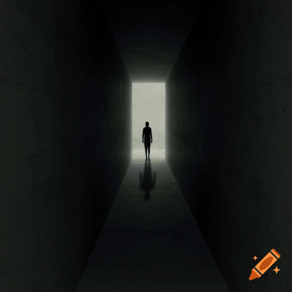 A silhouetted figure stands at the bright end of a dark, minimalist hallway.