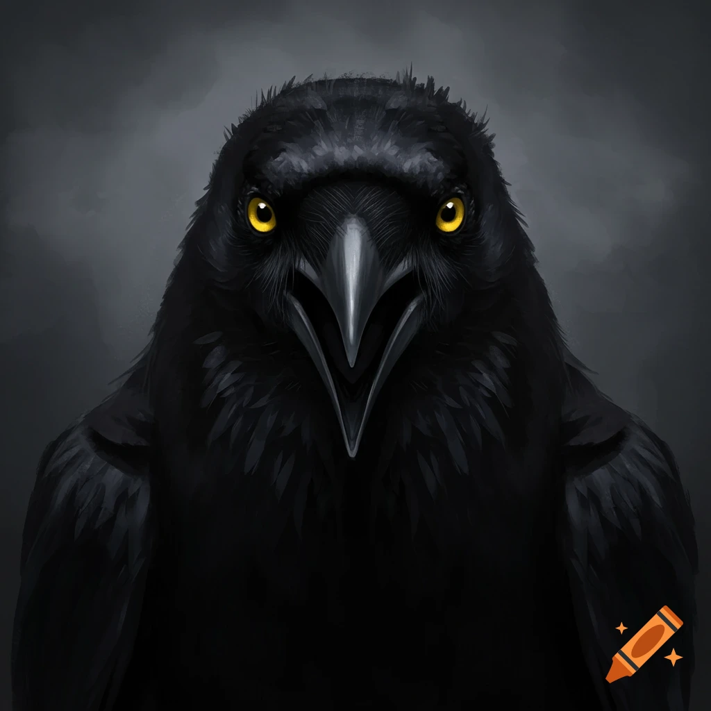A close-up image of a black crow with intense yellow eyes.