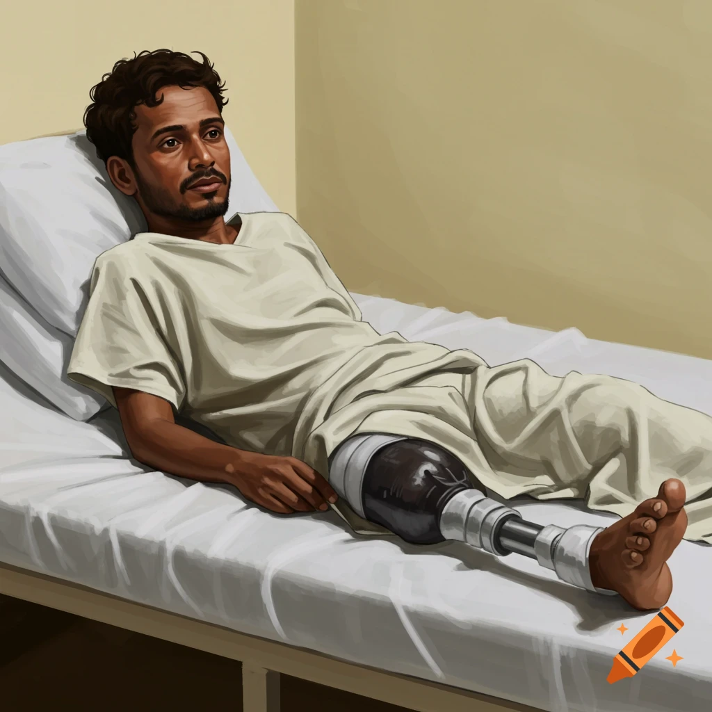 A man with a prosthetic leg is lying in a hospital bed.