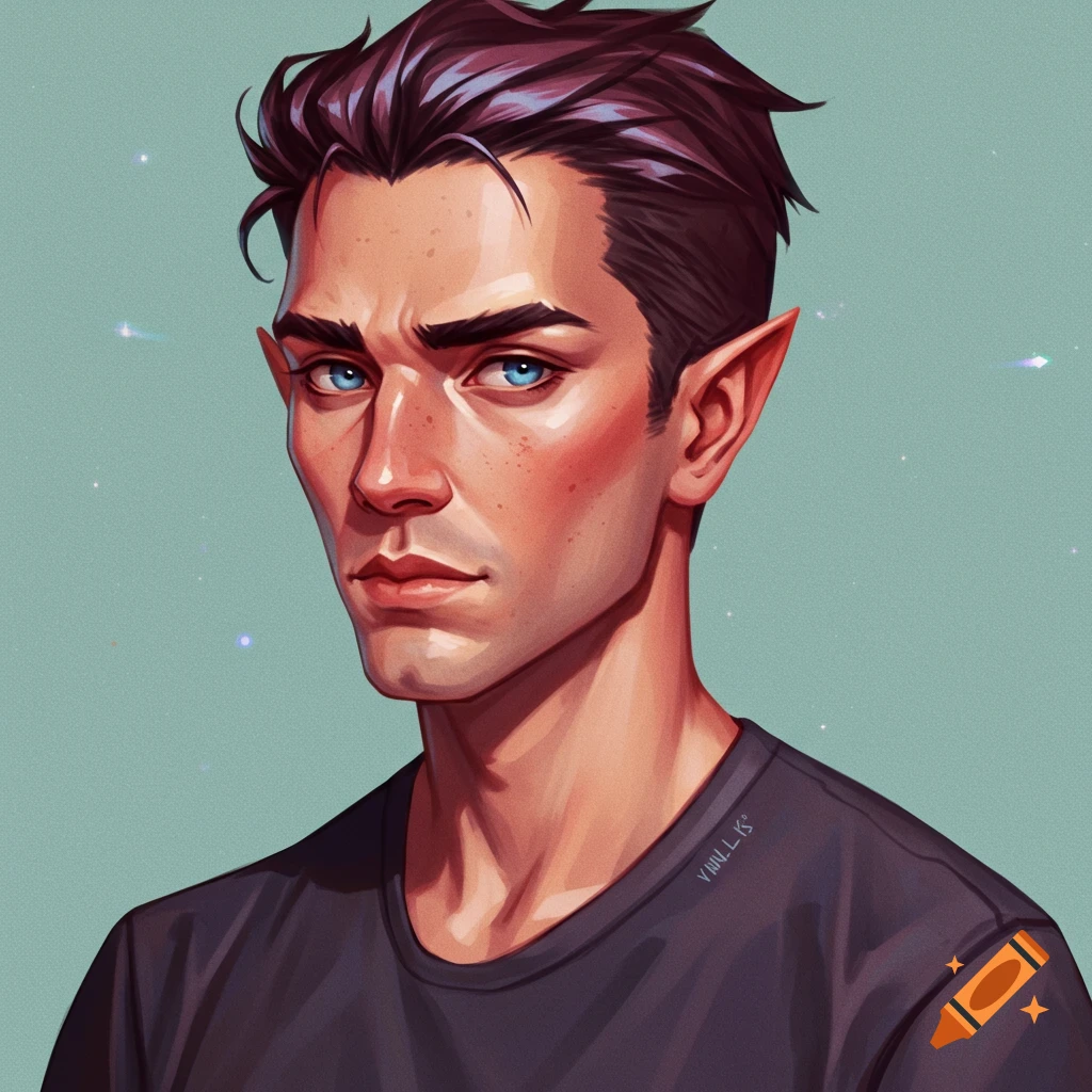A portrait of a young man with blue eyes, dark hair, and pointed ears, wearing a black t-shirt.