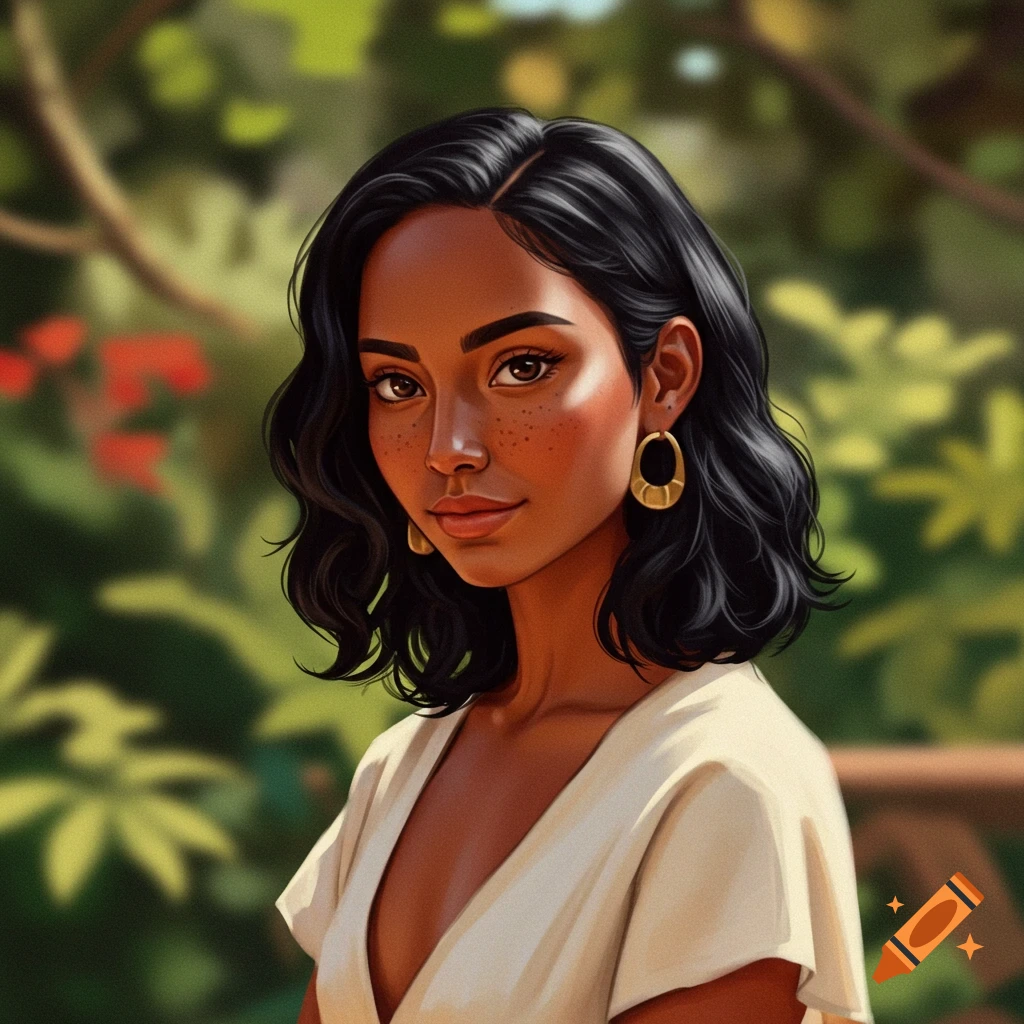A woman with dark hair and freckles wearing a white dress, outdoors