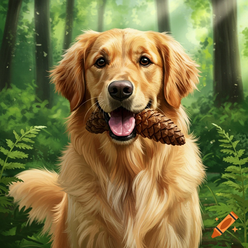 A golden retriever holds a pinecone in its mouth in a forest.