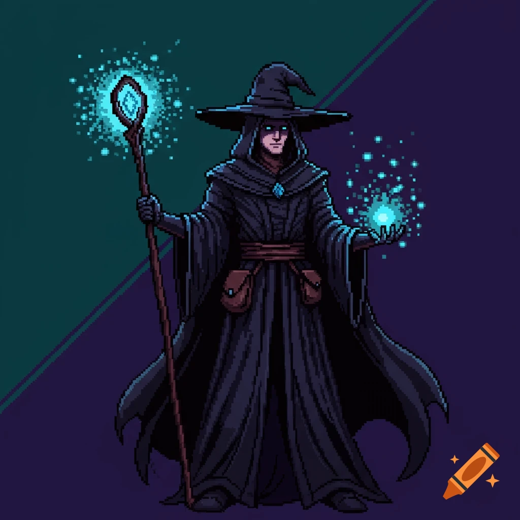 Pixel art of a mage holding a staff and casting magic.