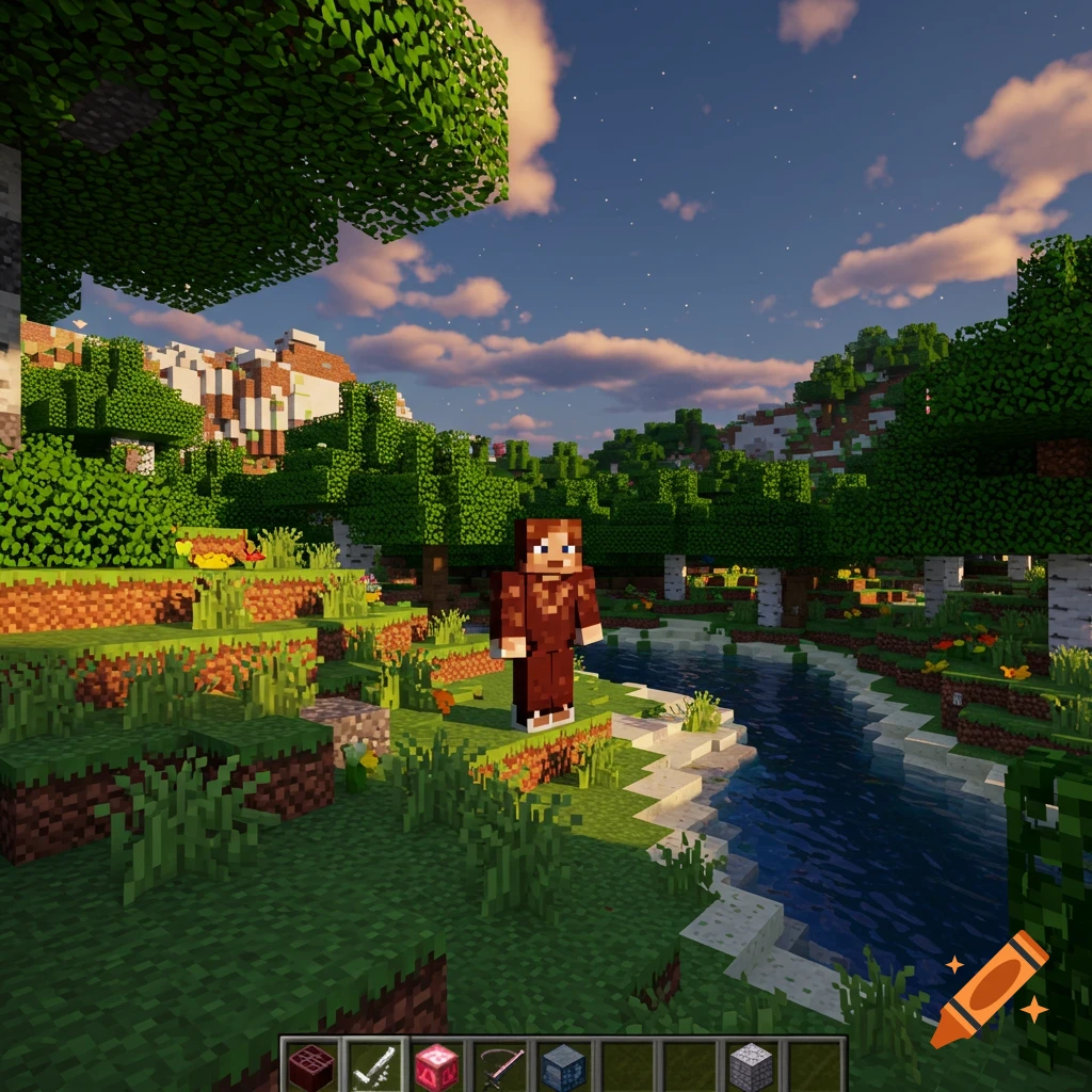 A Minecraft character stands by a river in a forest landscape with shaders applied, showing enhanced lighting and textures.