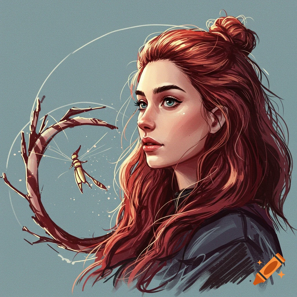 A woman with red hair is shown in profile, gazing at a stylized insect perched on a branch.