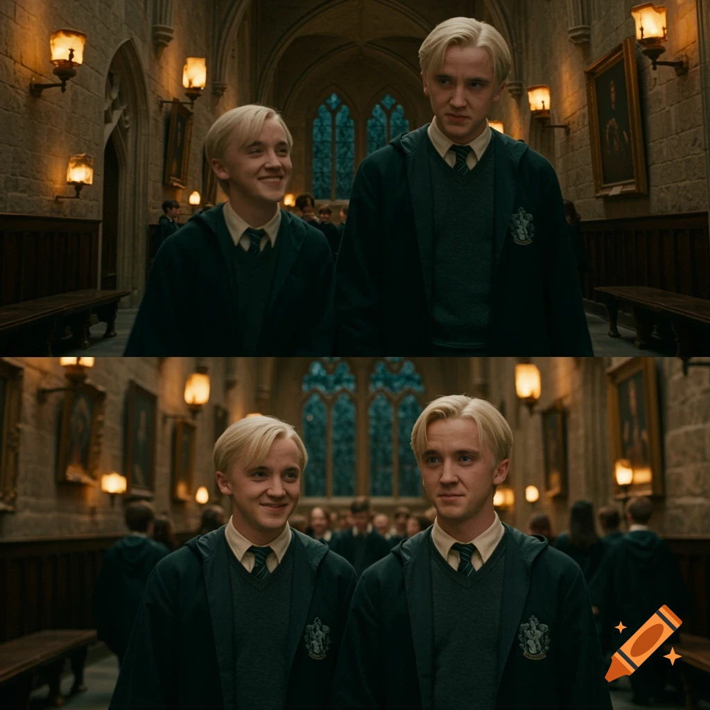 Two figures resembling Draco Malfoy stand in a Hogwarts hallway, one smiling and one looking neutral, in a cinematic style.