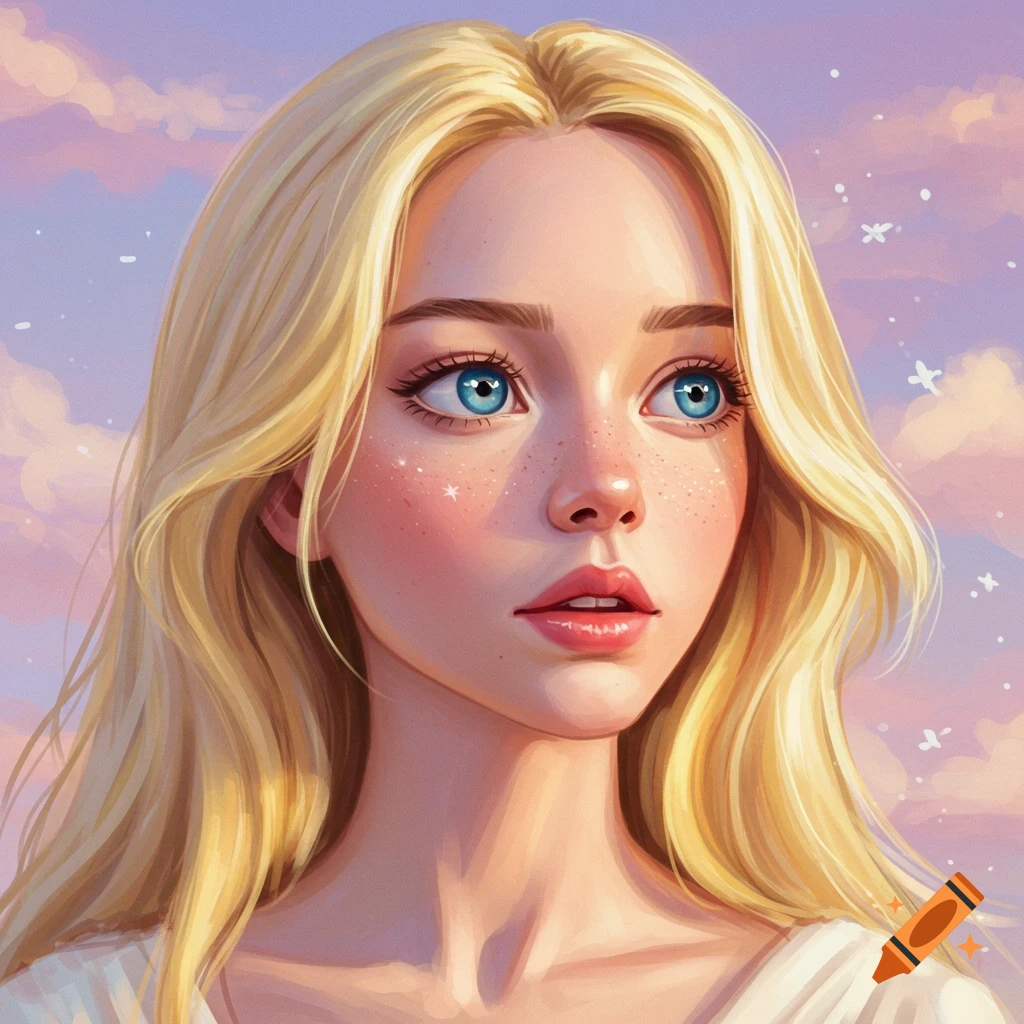 Portrait of a young blonde woman with blue eyes and freckles against a cloudy sky.