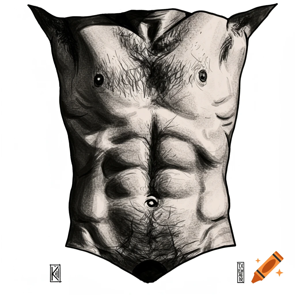 Stylized black and white sketch of a hairy male torso with prominent abs.