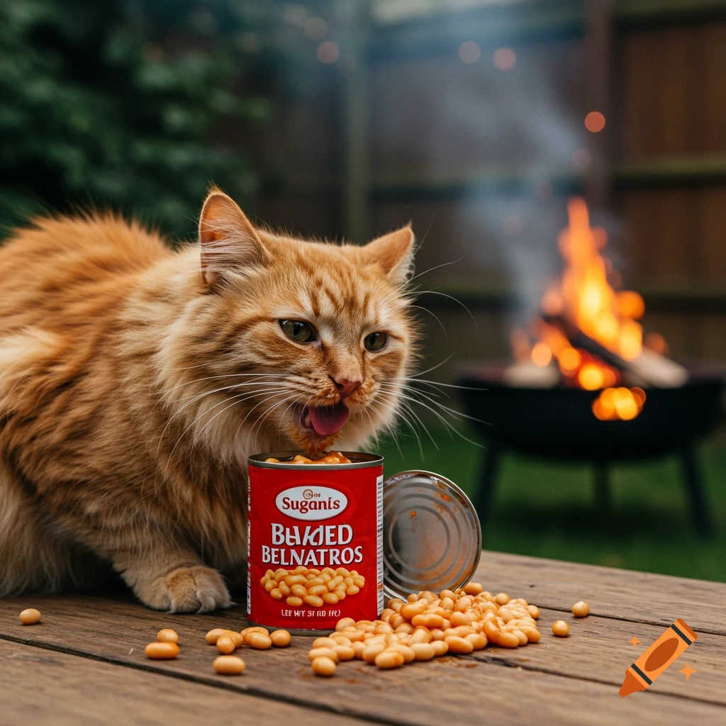 A photorealistic photo of an orange cat eating beans from a can on a wooden table outdoors, with a fire in the background.