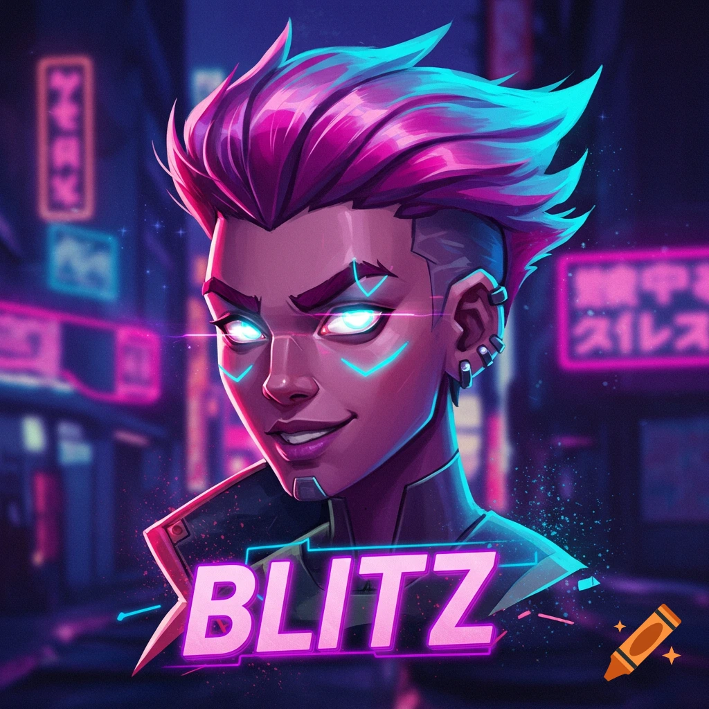 Portrait of a cyberpunk character with glowing eyes and pink hair, with the text 'BLITZ'.