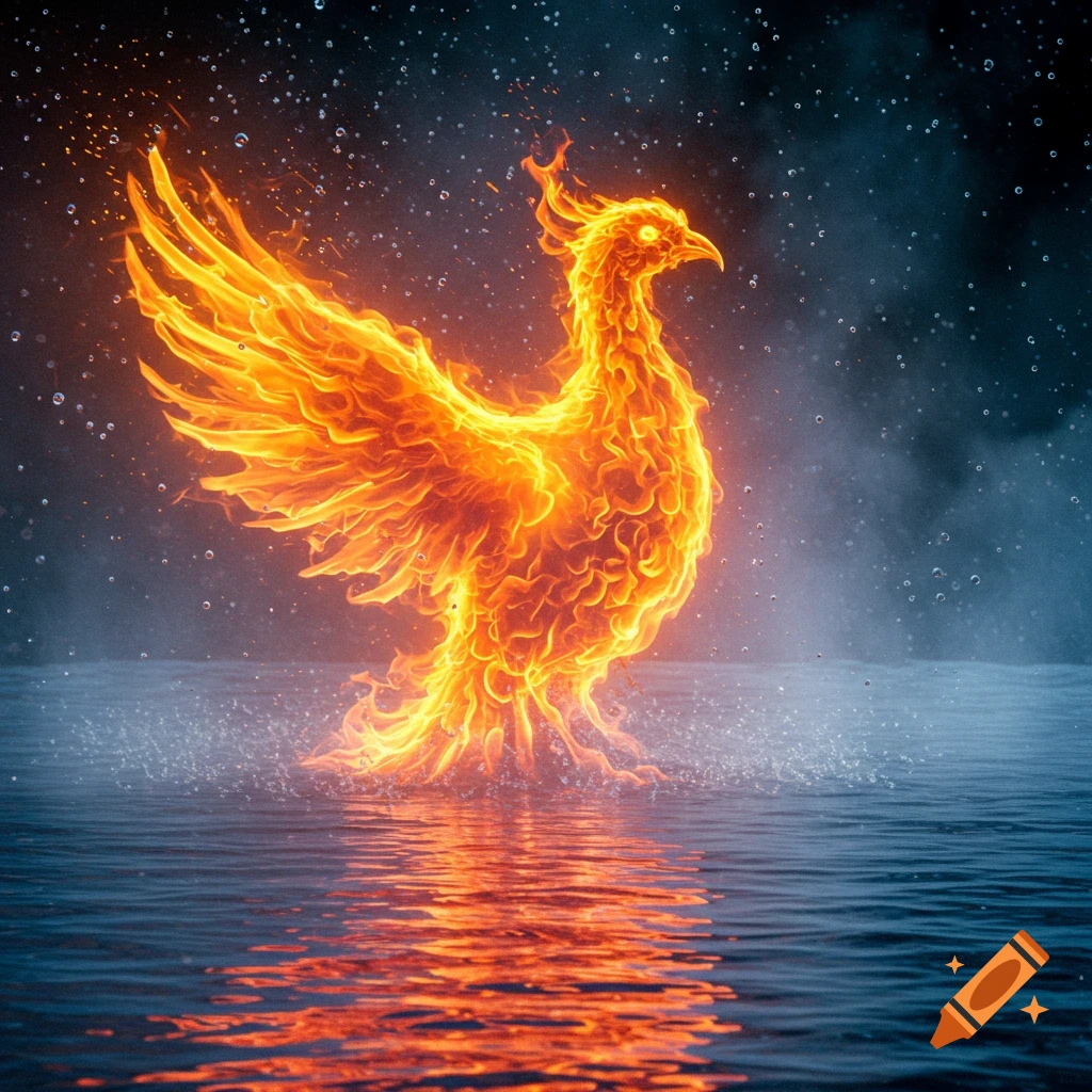 A vibrant phoenix made of stylized flames rising from water with droplets and reflections.