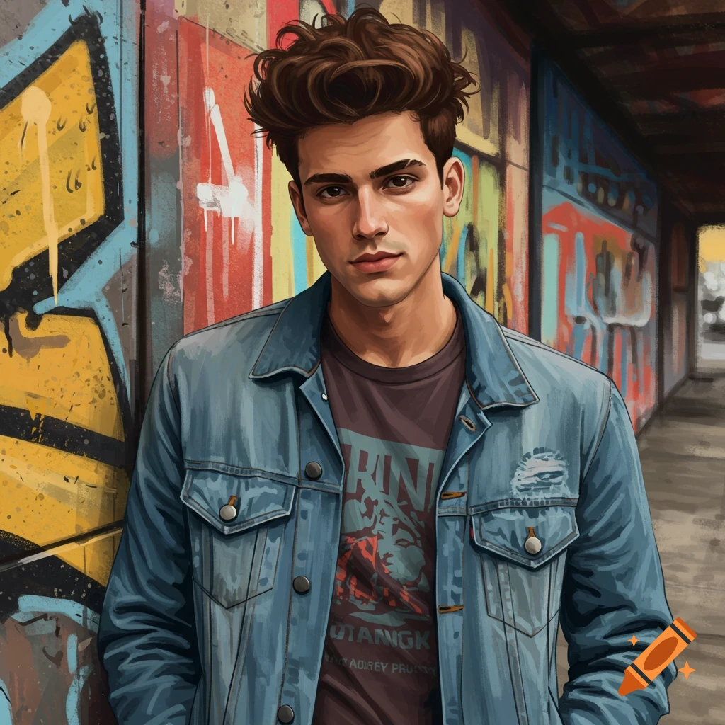 A young man in a denim jacket stands by a graffiti wall