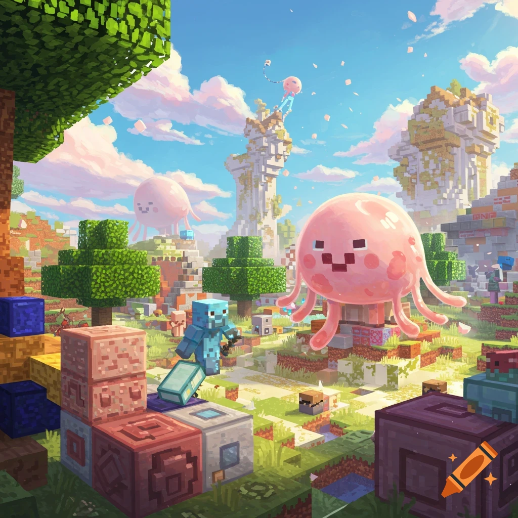 A vibrant Minecraft landscape with pixelated blocks, characters, and large pink jellysquids.