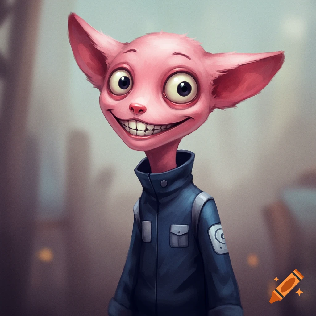 A pink cartoon monster with large eyes and a wide smile wearing a blue jacket.