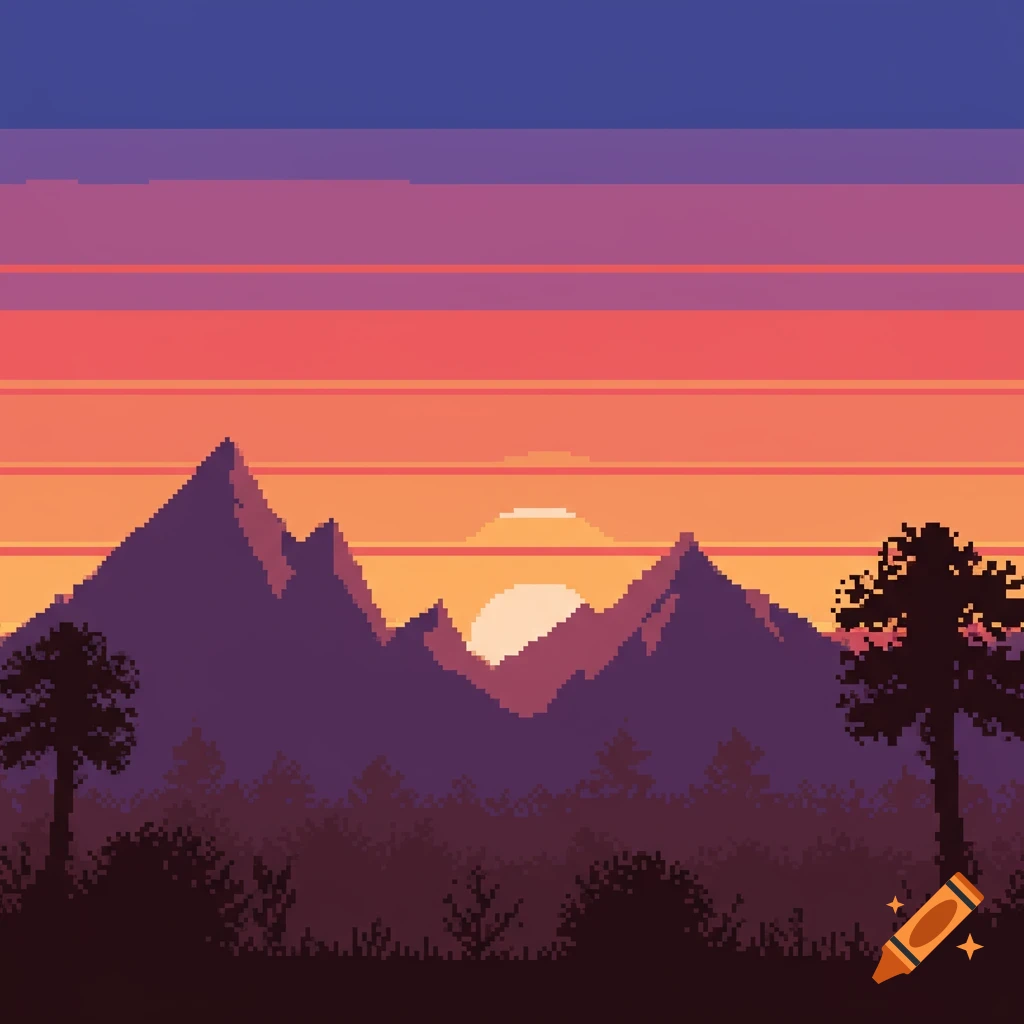Pixel art landscape with mountains and trees at sunset.