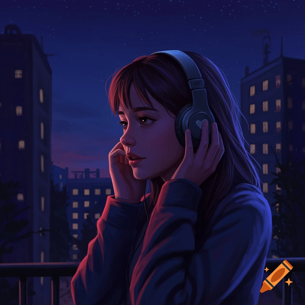 A girl with headphones looks out from a balcony at night over city buildings.