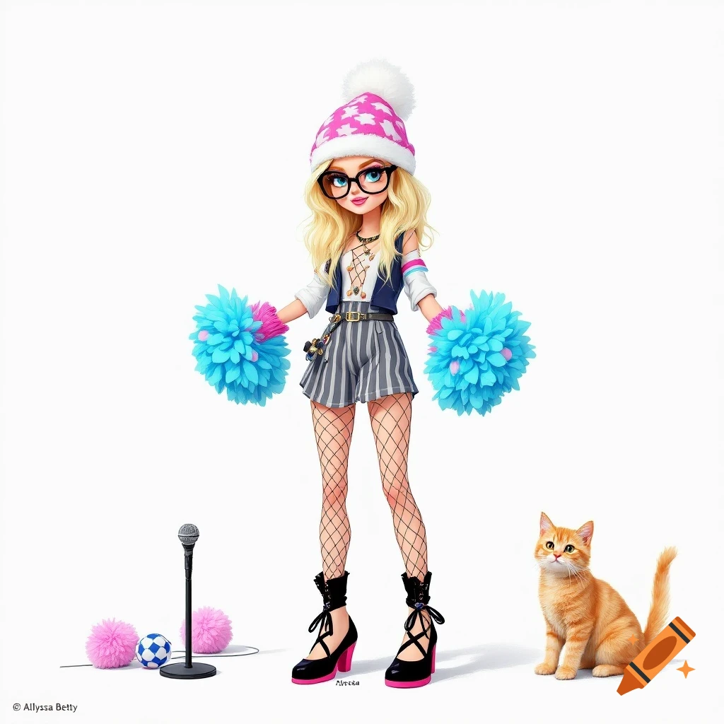 A stylized girl with blonde hair, pom-poms, and a cat.