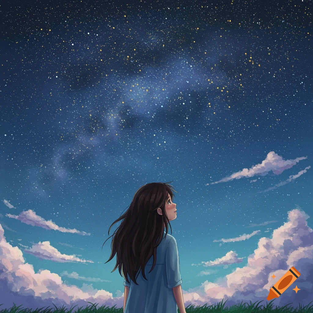 A girl looks up at a starry night sky in a field