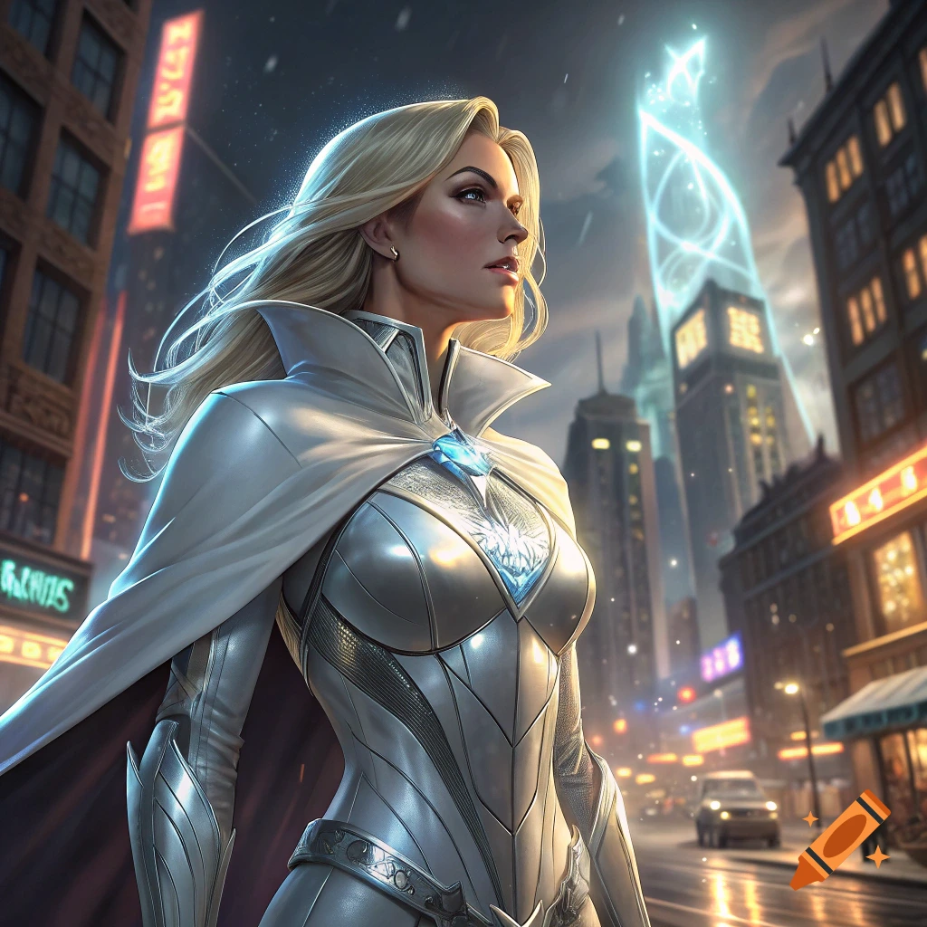 A blonde woman in a white and silver futuristic suit and cape stands in a city street at night.