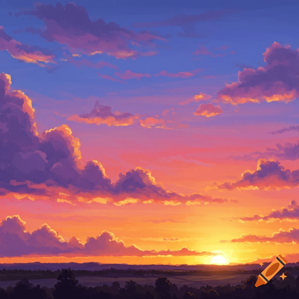 A vibrant sunset over a landscape with dramatic clouds.