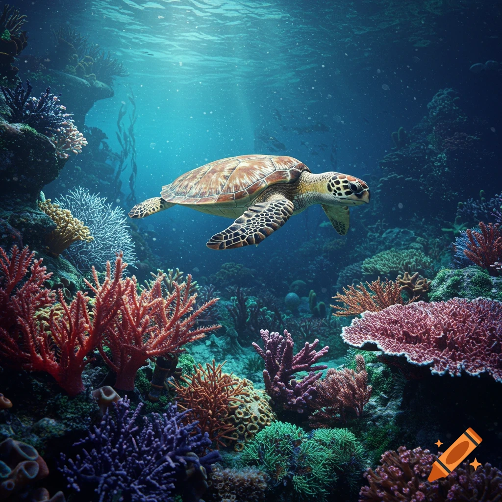 A sea turtle swims over a vibrant coral reef with sunlight filtering through the water.