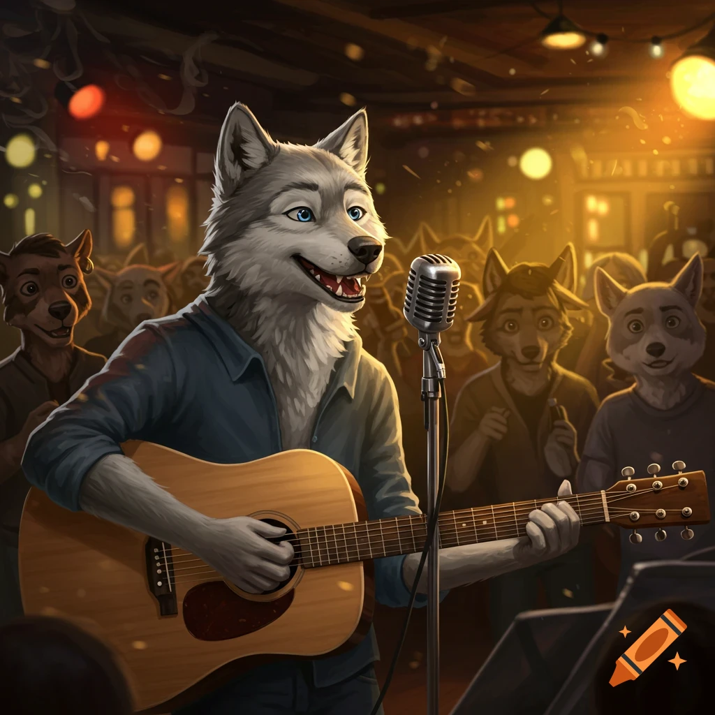 A furry wolf plays an acoustic guitar and sings into a microphone on stage in a crowded bar.