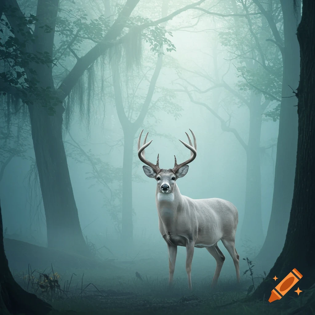A white-tailed deer stands in a misty forest.