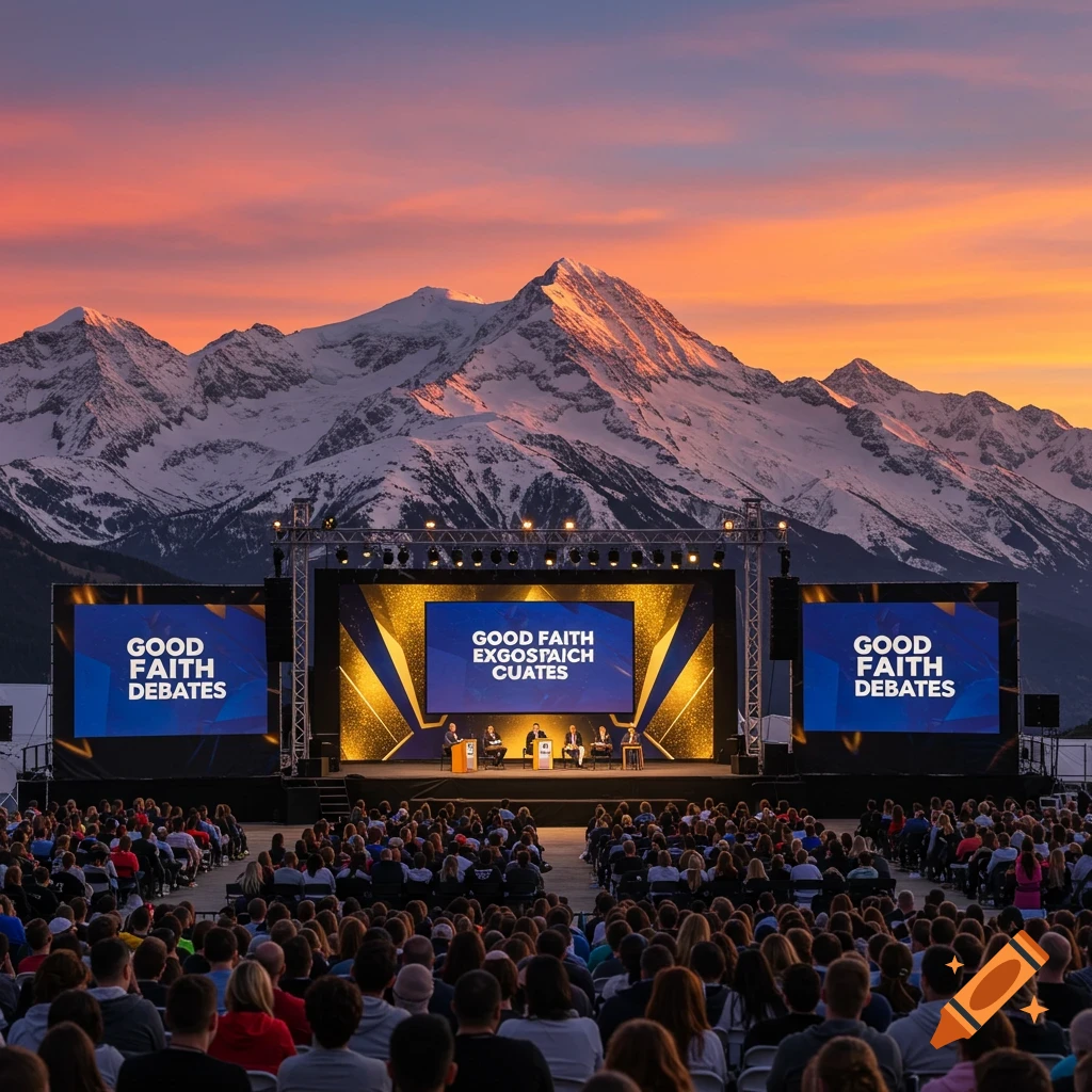 Outdoor debate stage with audience, screens, mountains, and sunset.