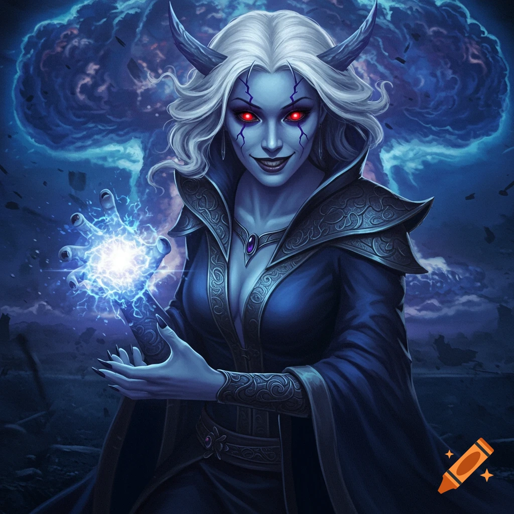 A fantasy woman with horns, red eyes, and white hair casts a blue energy spell against a mushroom cloud background.