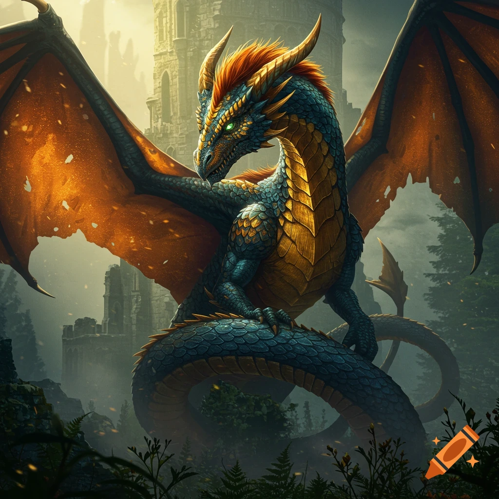 A blue and gold dragon sits in a forest with a castle ruin in the background.