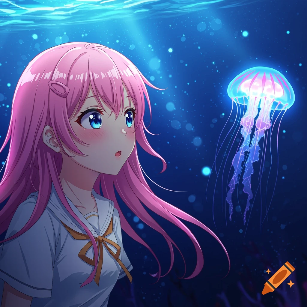 Anime girl with pink hair looking at a glowing jellyfish underwater.