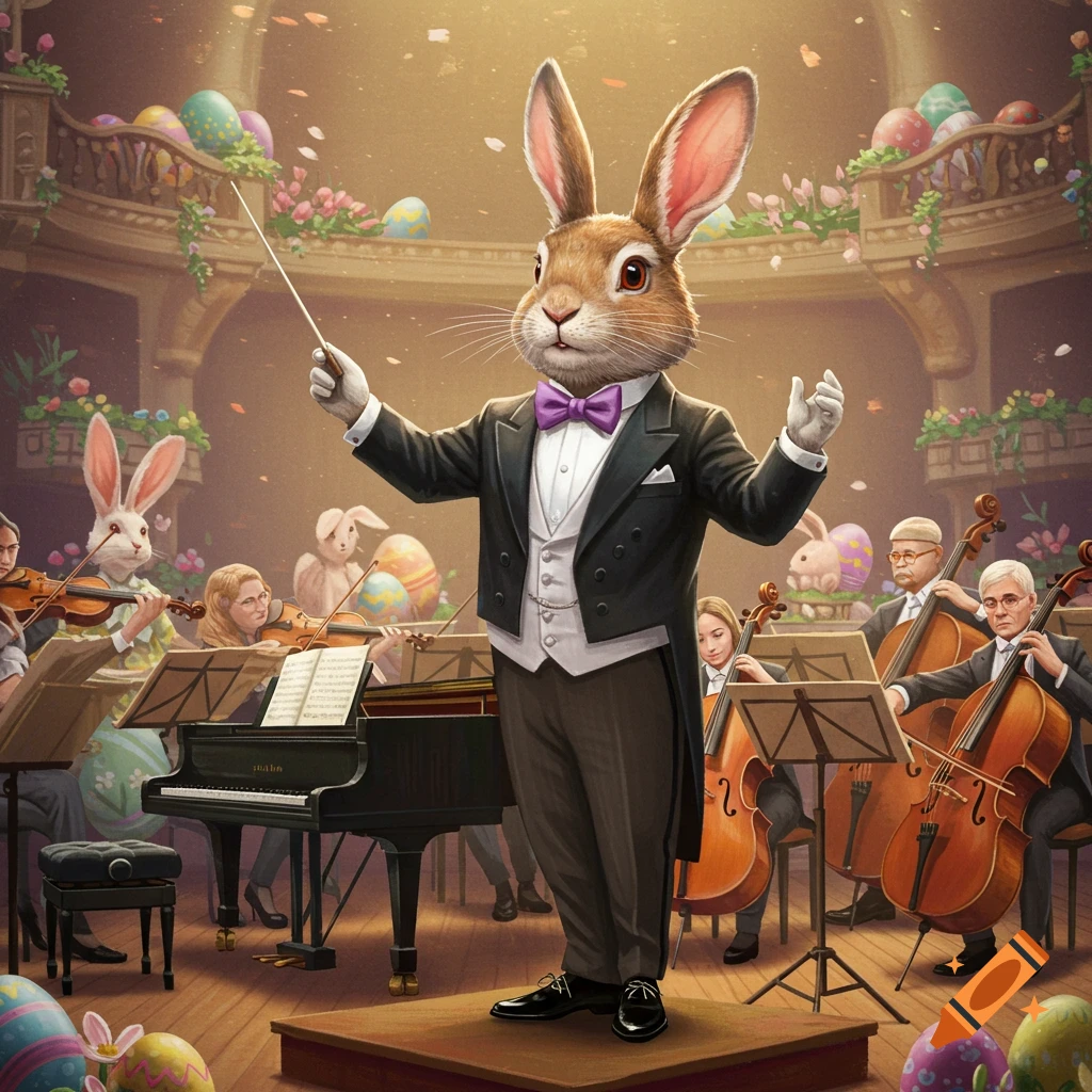 A bunny in a tuxedo conducting an orchestra in a hall decorated with Easter eggs.