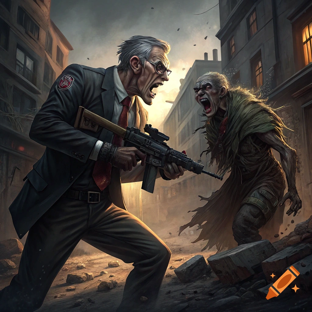 A man in a suit fighting a grotesque monster in a ruined city street.