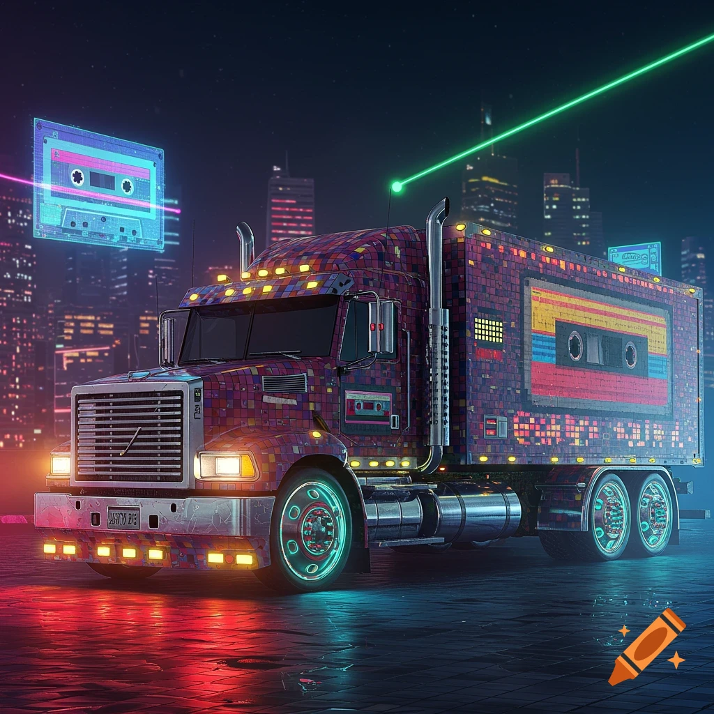 A cassette futurism style semi truck parked at night in a city with neon lights.