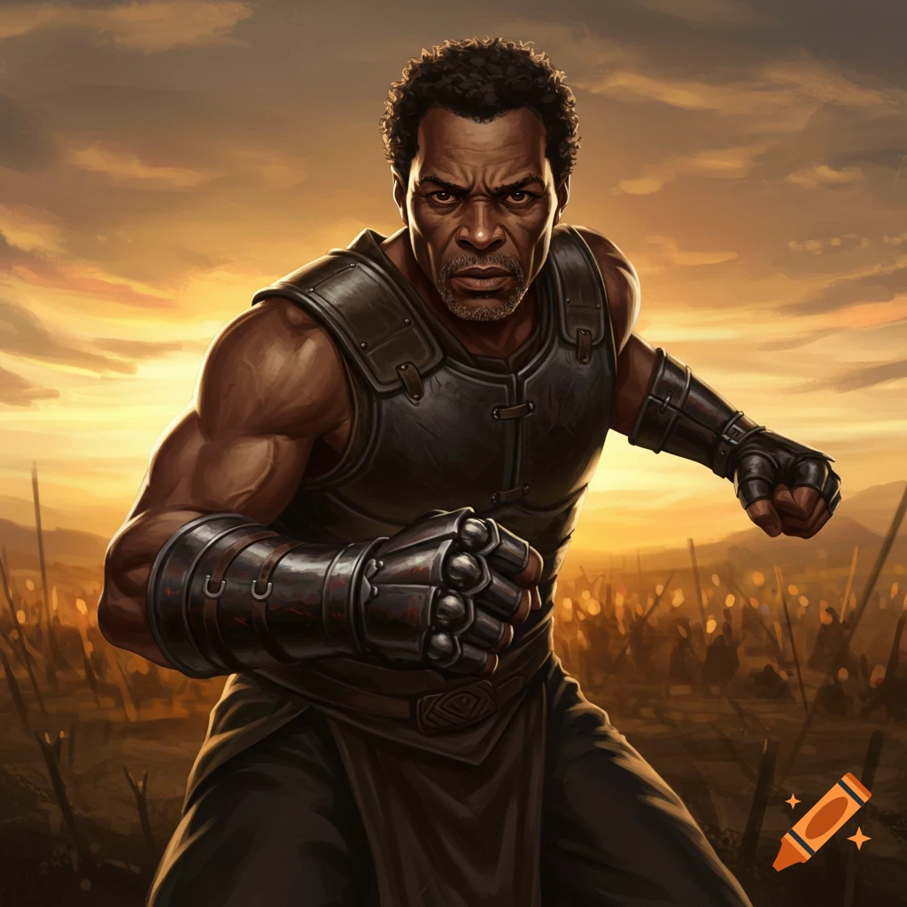 A determined warrior in dark armor stands in a field at sunset