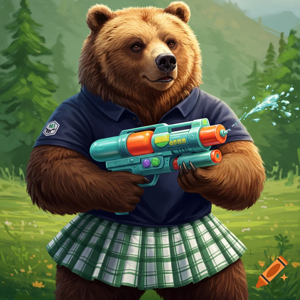 A brown bear wearing a navy blue polo and green and white plaid skirt, holding a watergun and spraying water.