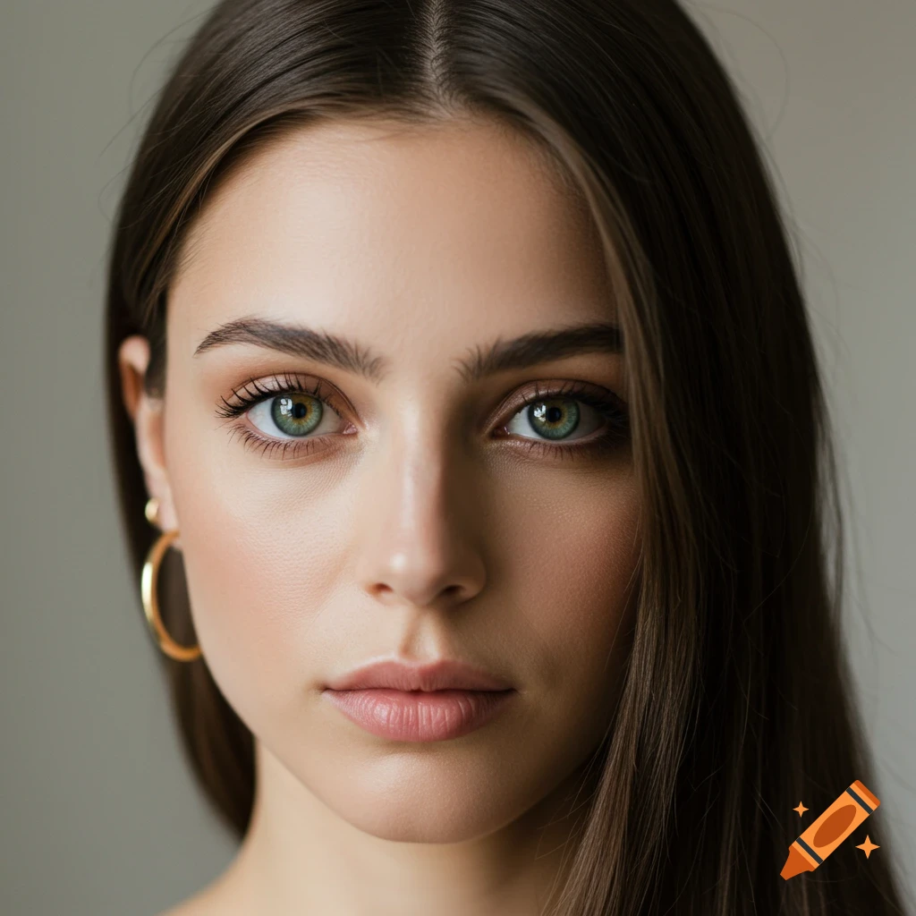 Close-up portrait of a woman with long brown hair, green-hazel eyes, and a gold hoop earring.