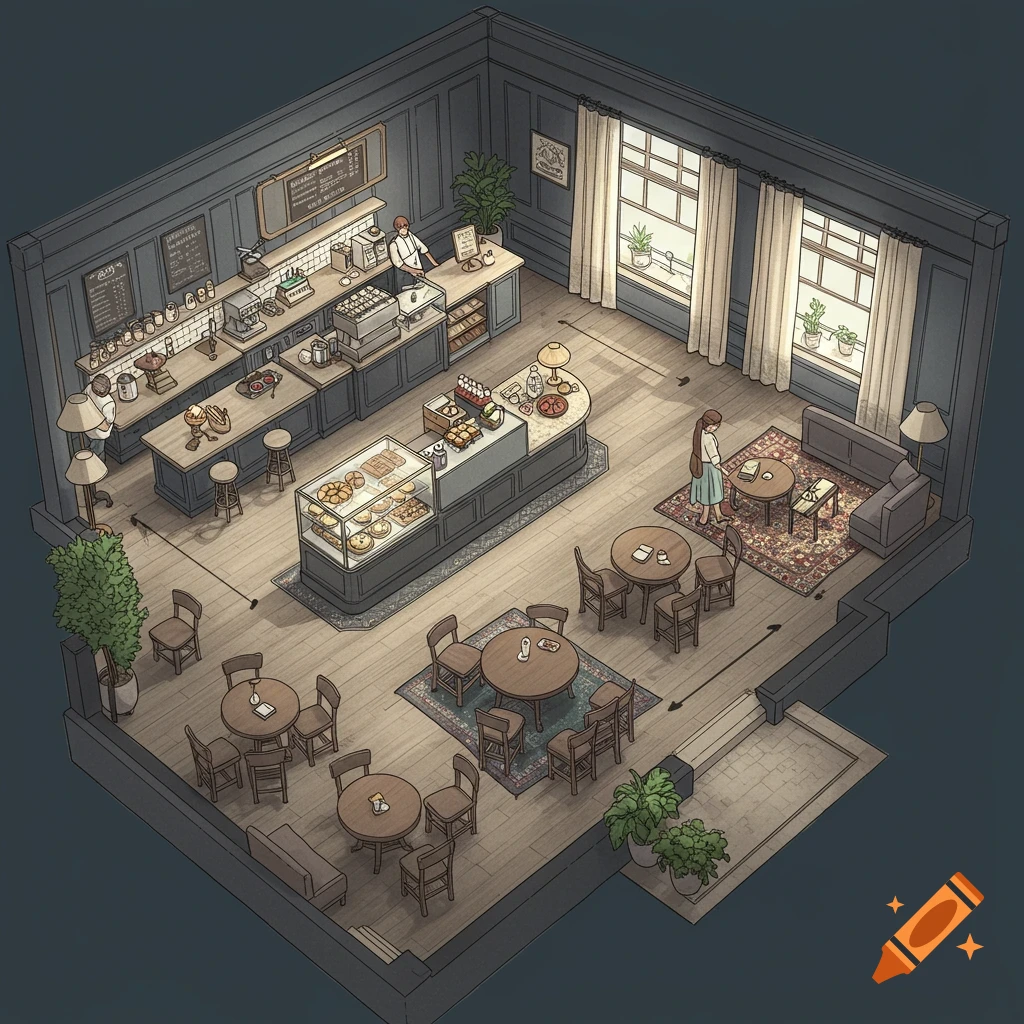 Isometric illustration of a cafe floor plan with tables, counter, and windows.
