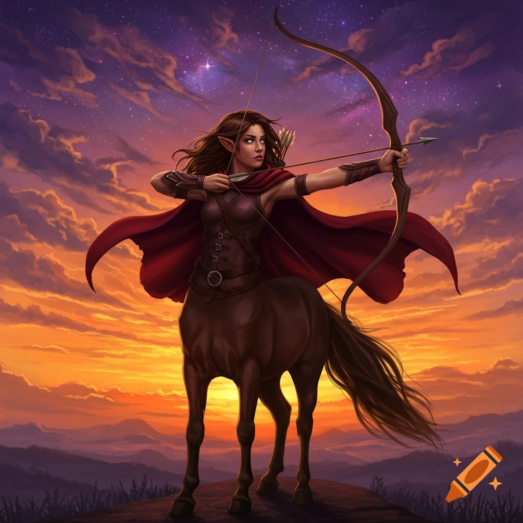 A female centaur archer aims a bow under a sunset sky with cosmic clouds and stars.