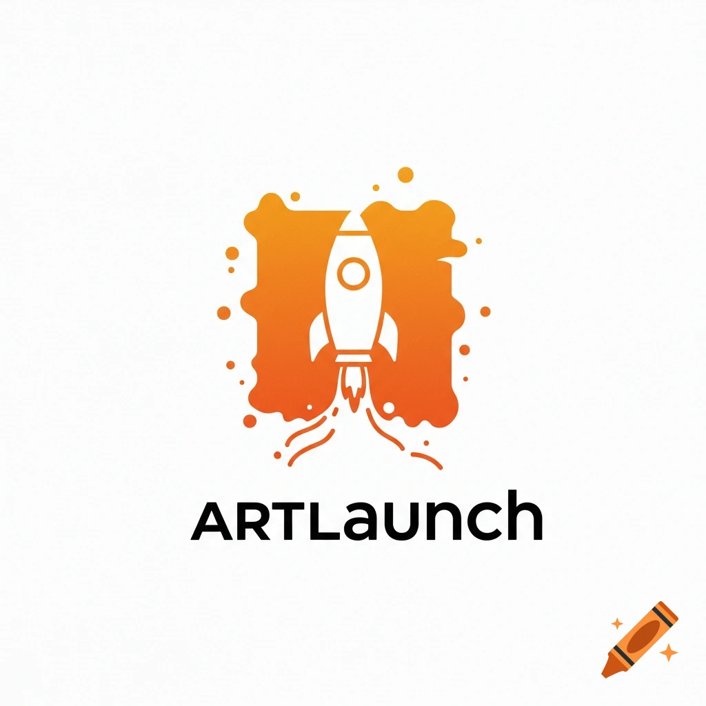 Logo with a white rocket launching from an orange splash shape above the text ARTLaunch.