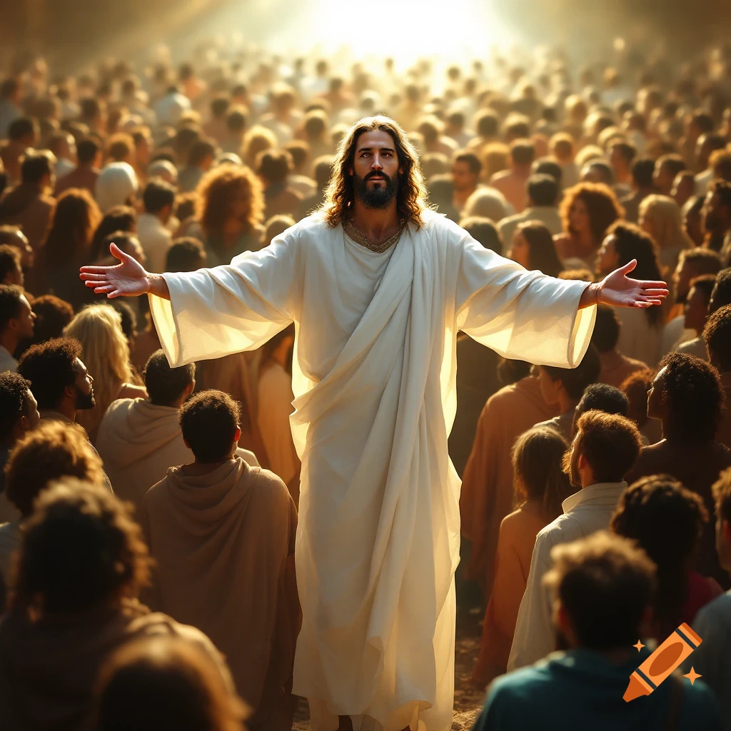 Jesus with arms outstretched stands before a crowd in a sunlit, realistic scene.