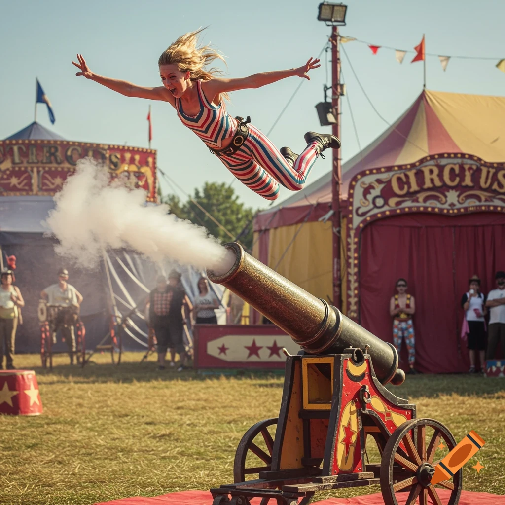 Vintage photo of a woman in a striped outfit being shot from a circus cannon with smoke.