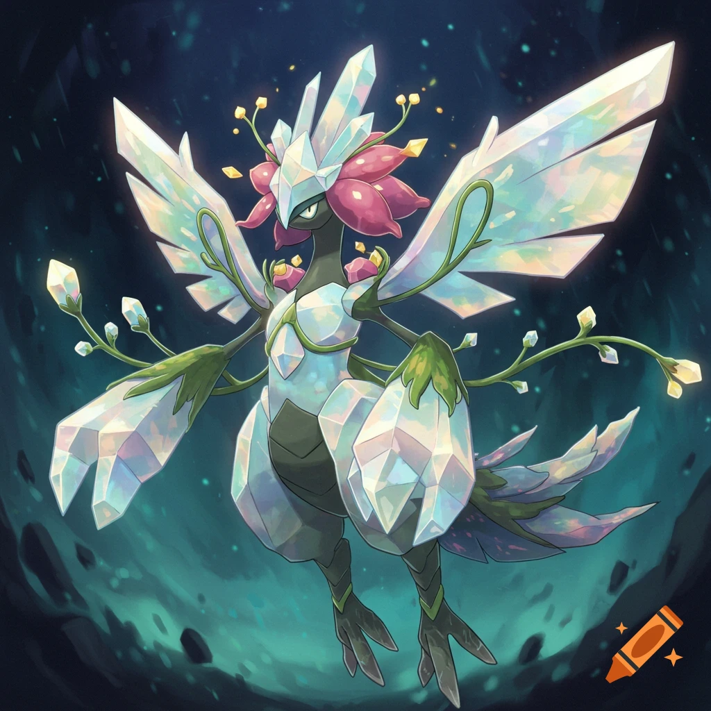 A crystalline plant creature with iridescent wings and glowing tendrils against a dark background