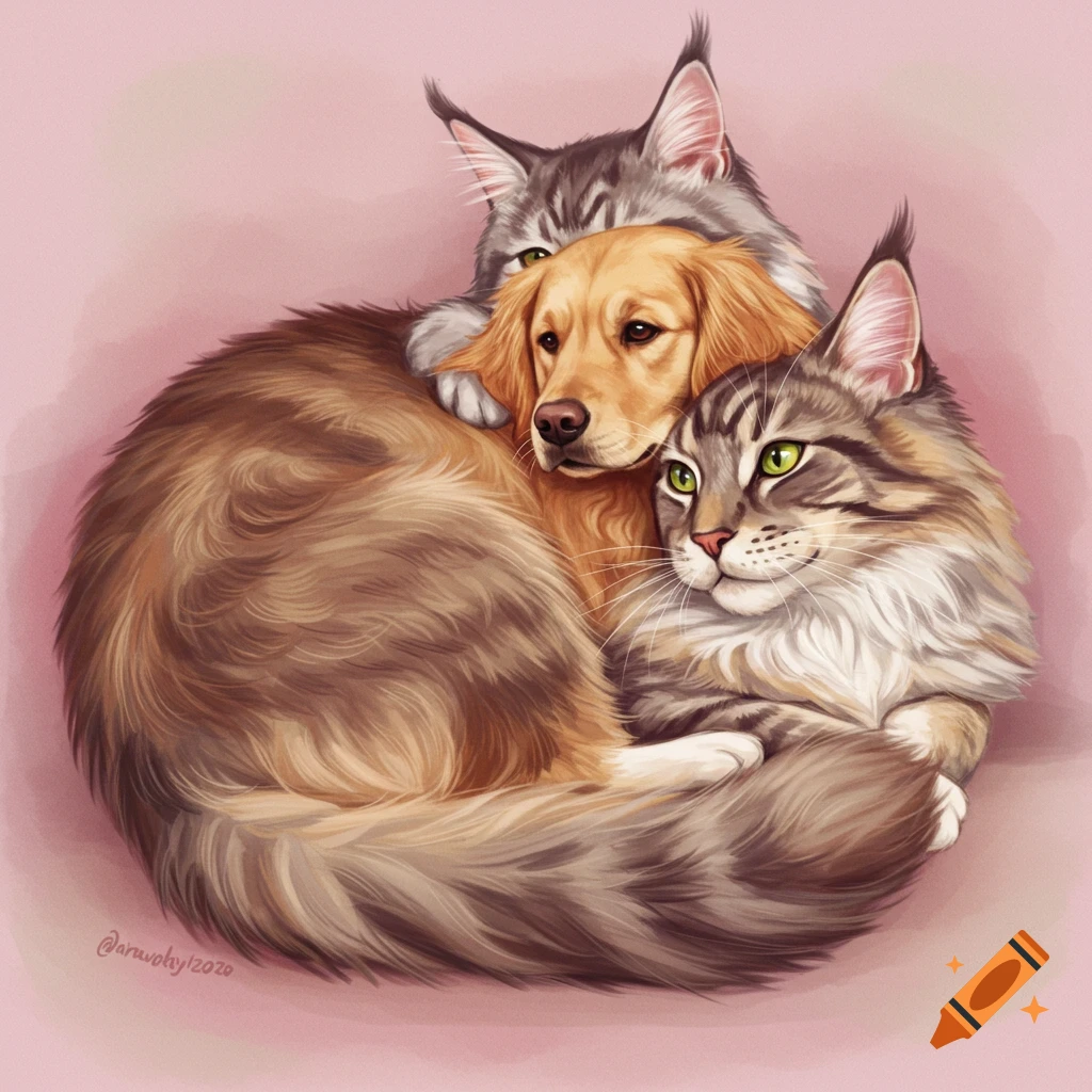 A golden retriever dog is cuddling between two Maine Coon cats.