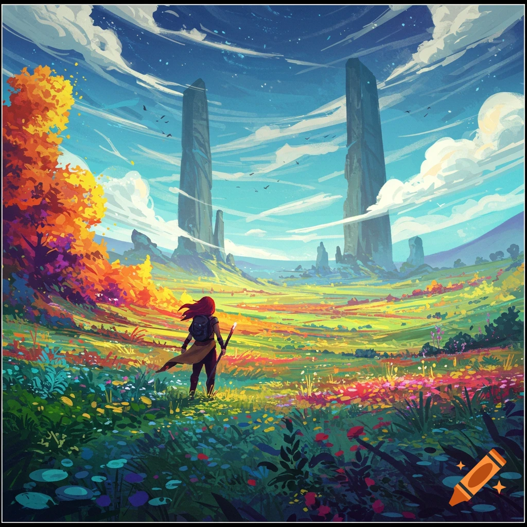 A person stands in a vibrant, colorful field looking towards tall, monolithic structures under a dramatic sky.