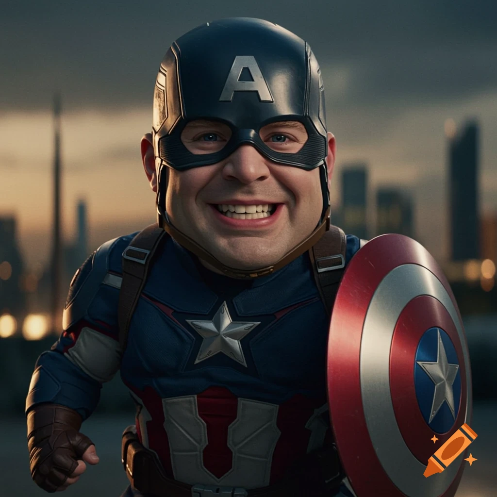 A short, smiling Captain America in costume holds his shield against a city background.