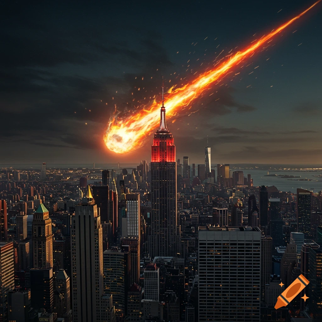 Fiery meteor striking the top of the Empire State Building during sunset over New York City.