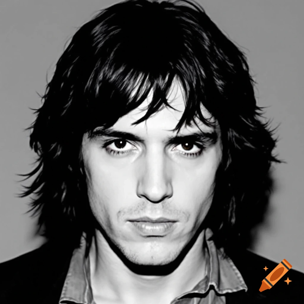 Black and white close-up portrait of a man with dark messy hair.
